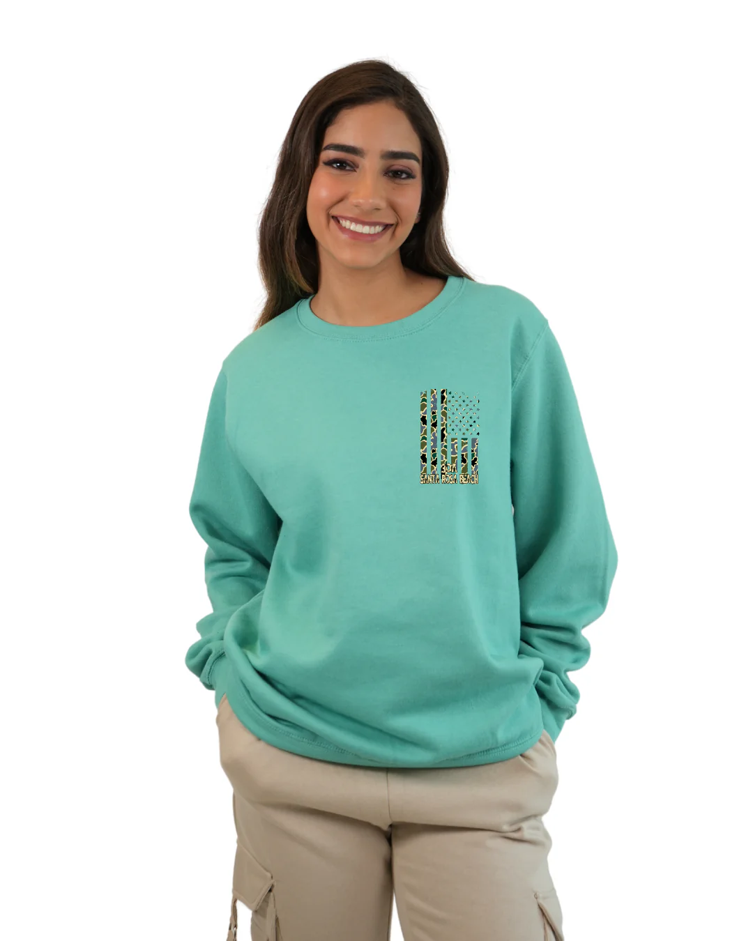 Santa Rosa Beach  American Flag Women  Crewneck – Camouflage Edition - Image 2