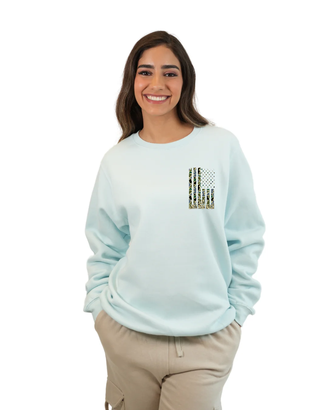 Santa Rosa Beach  American Flag Women  Crewneck – Camouflage Edition - Image 4