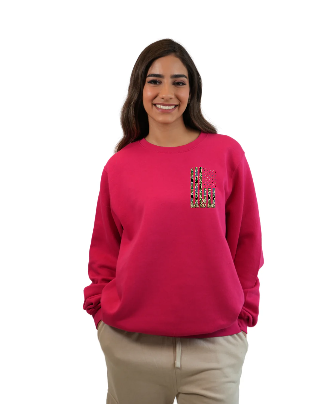 Santa Rosa Beach  American Flag Women  Crewneck – Camouflage Edition - Image 5