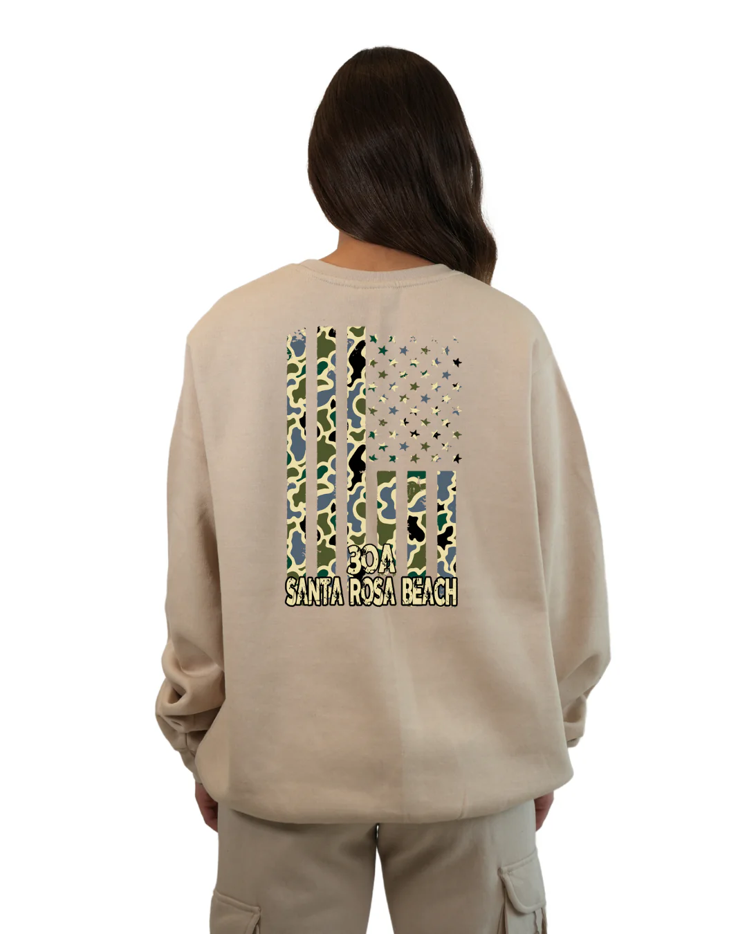 Santa Rosa Beach  American Flag Women  Crewneck – Camouflage Edition - Image 6