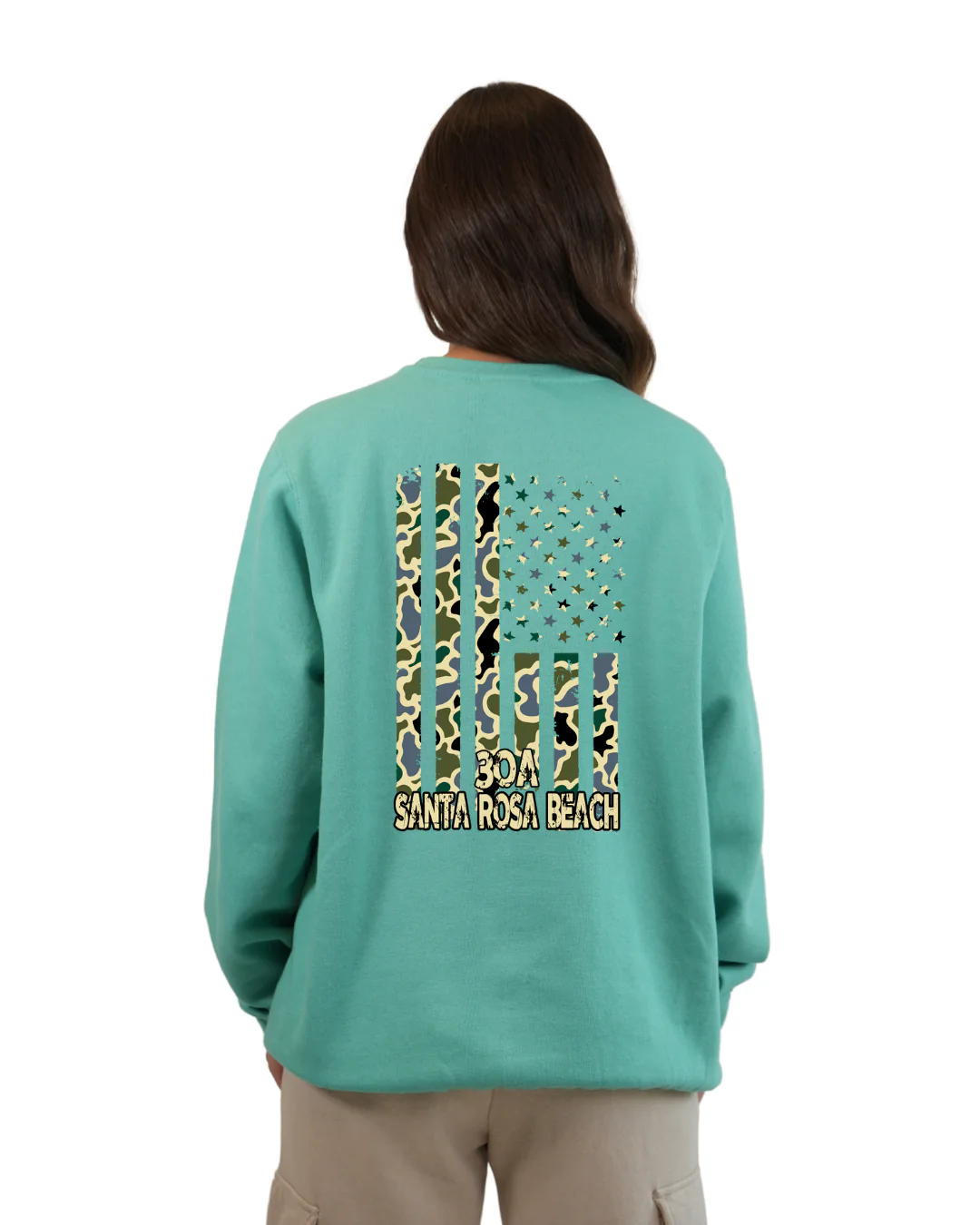 Santa Rosa Beach  American Flag Women  Crewneck – Camouflage Edition - Image 7