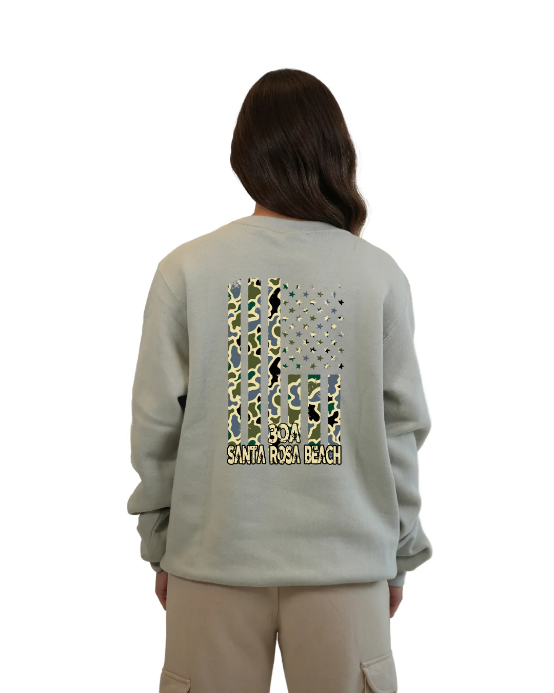 Santa Rosa Beach  American Flag Women  Crewneck – Camouflage Edition - Image 8