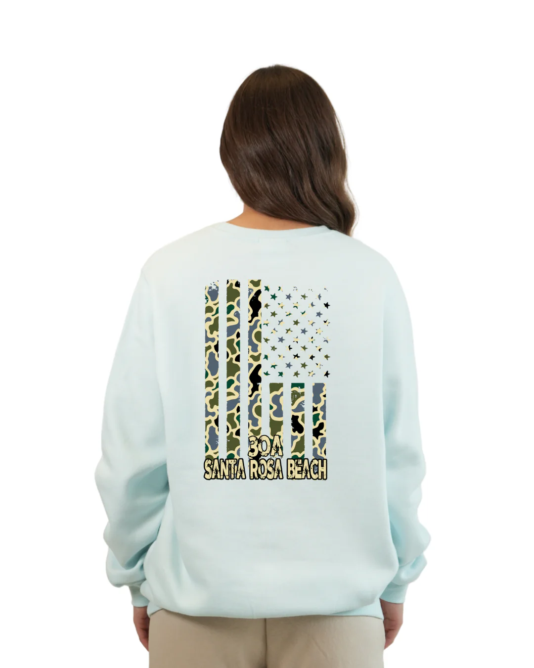 Santa Rosa Beach  American Flag Women  Crewneck – Camouflage Edition - Image 9