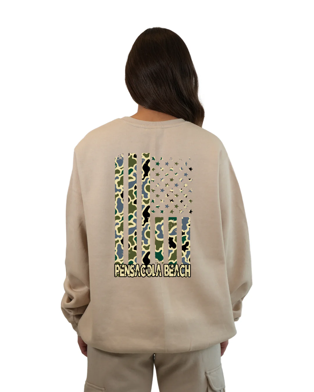 Pensacola Beach American Flag Women  Crewneck – Camouflage Edition - Image 10