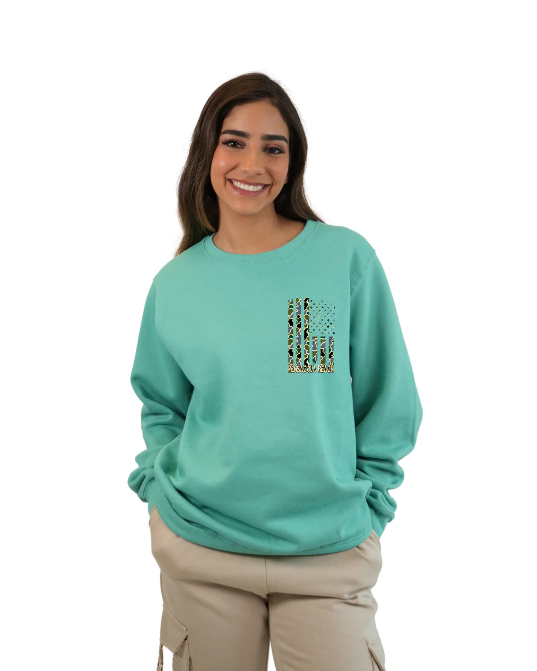 Pensacola Beach American Flag Women  Crewneck – Camouflage Edition - Image 2