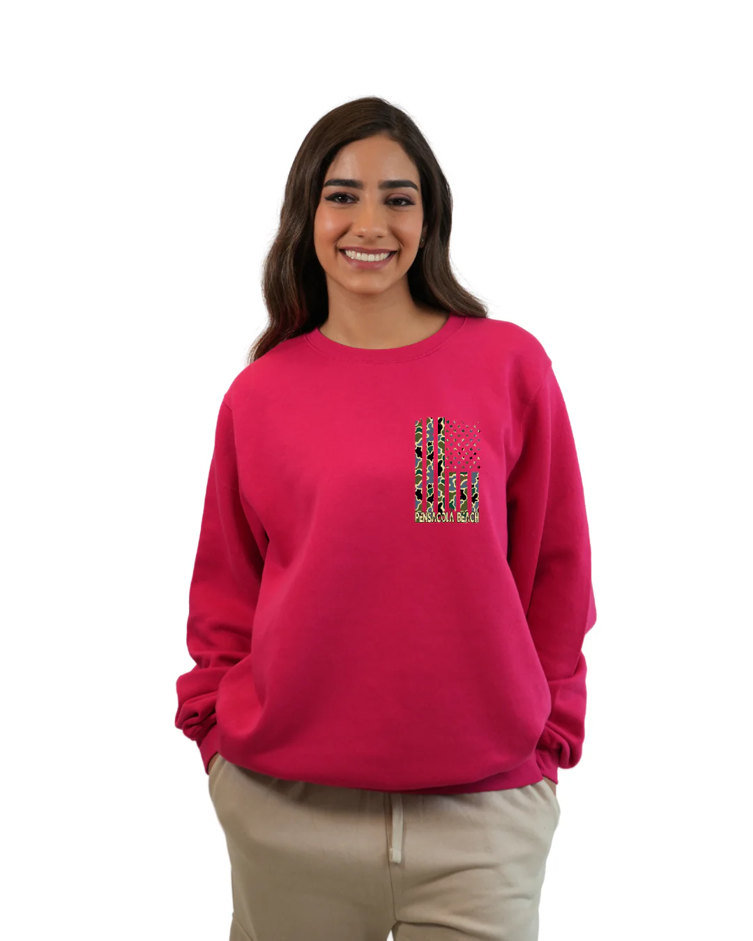 Pensacola Beach American Flag Women  Crewneck – Camouflage Edition - Image 5