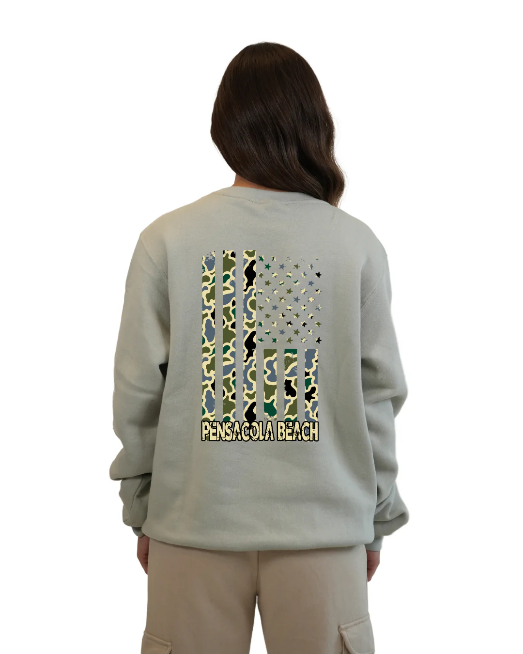 Pensacola Beach American Flag Women  Crewneck – Camouflage Edition - Image 6