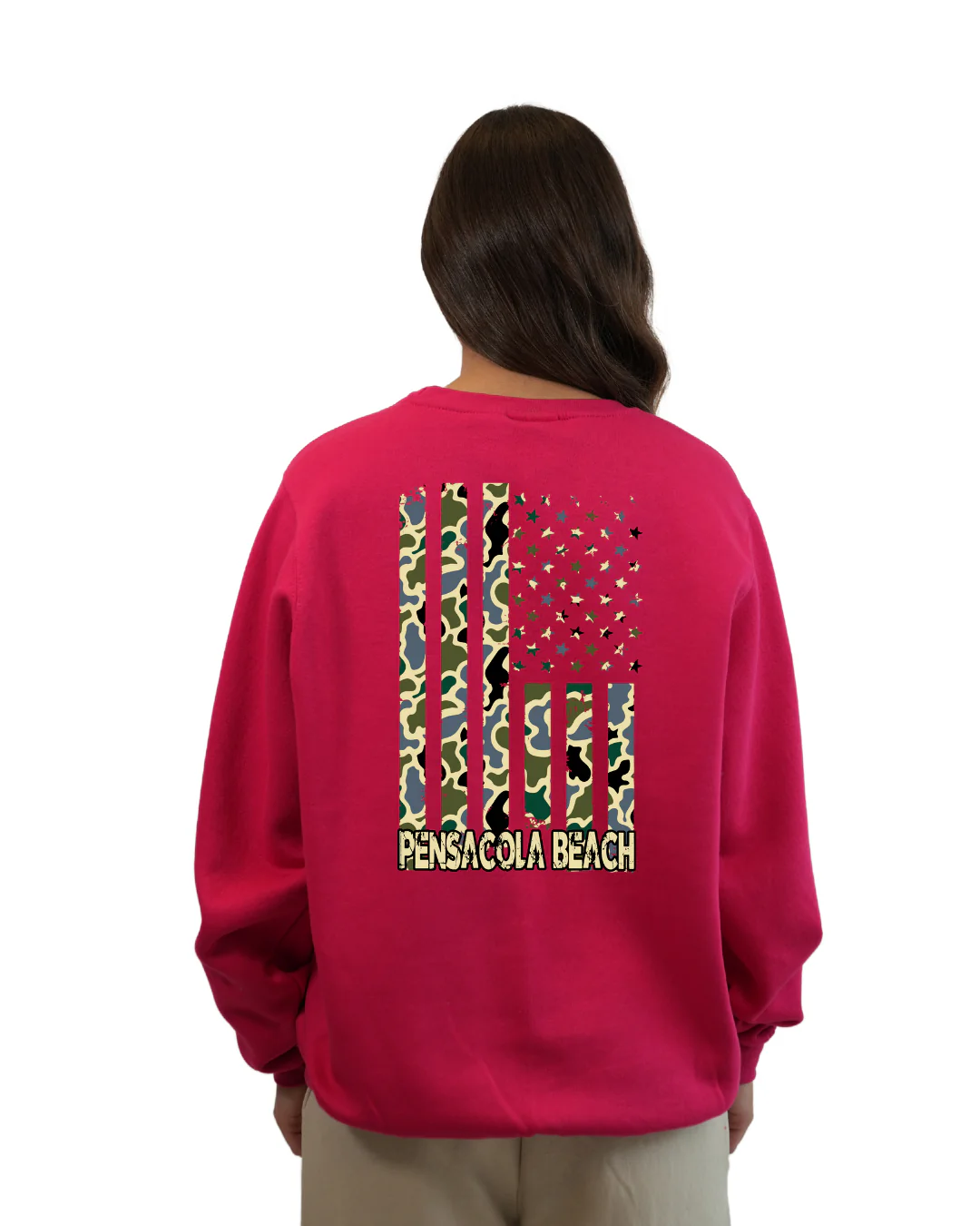 Pensacola Beach American Flag Women  Crewneck – Camouflage Edition - Image 7