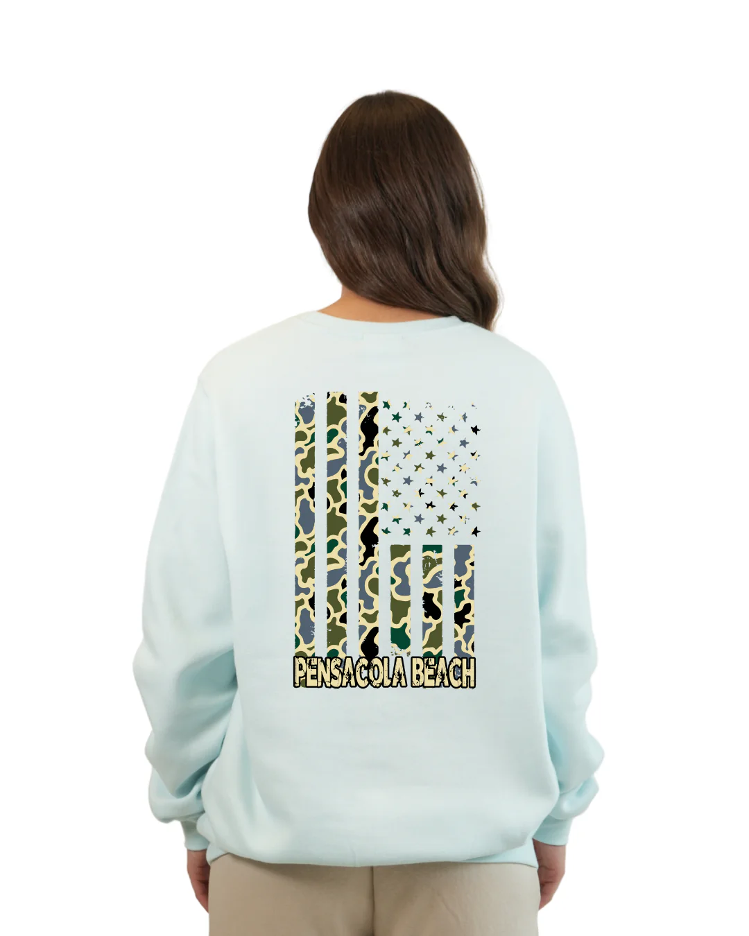 Pensacola Beach American Flag Women  Crewneck – Camouflage Edition - Image 8