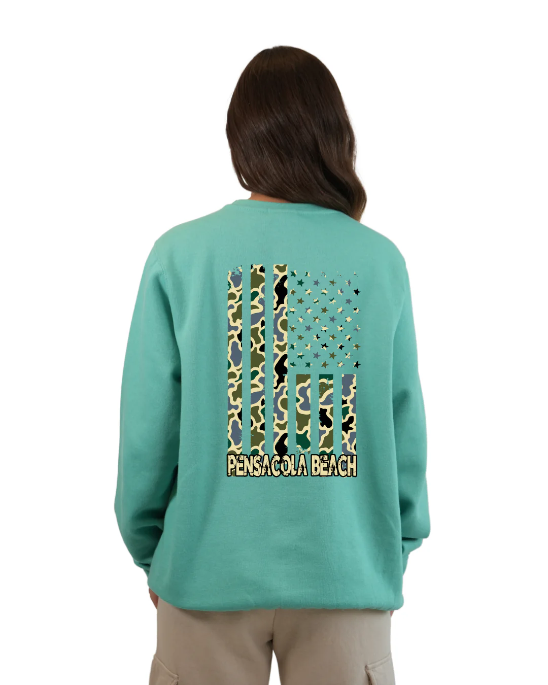 Pensacola Beach American Flag Women  Crewneck – Camouflage Edition - Image 9