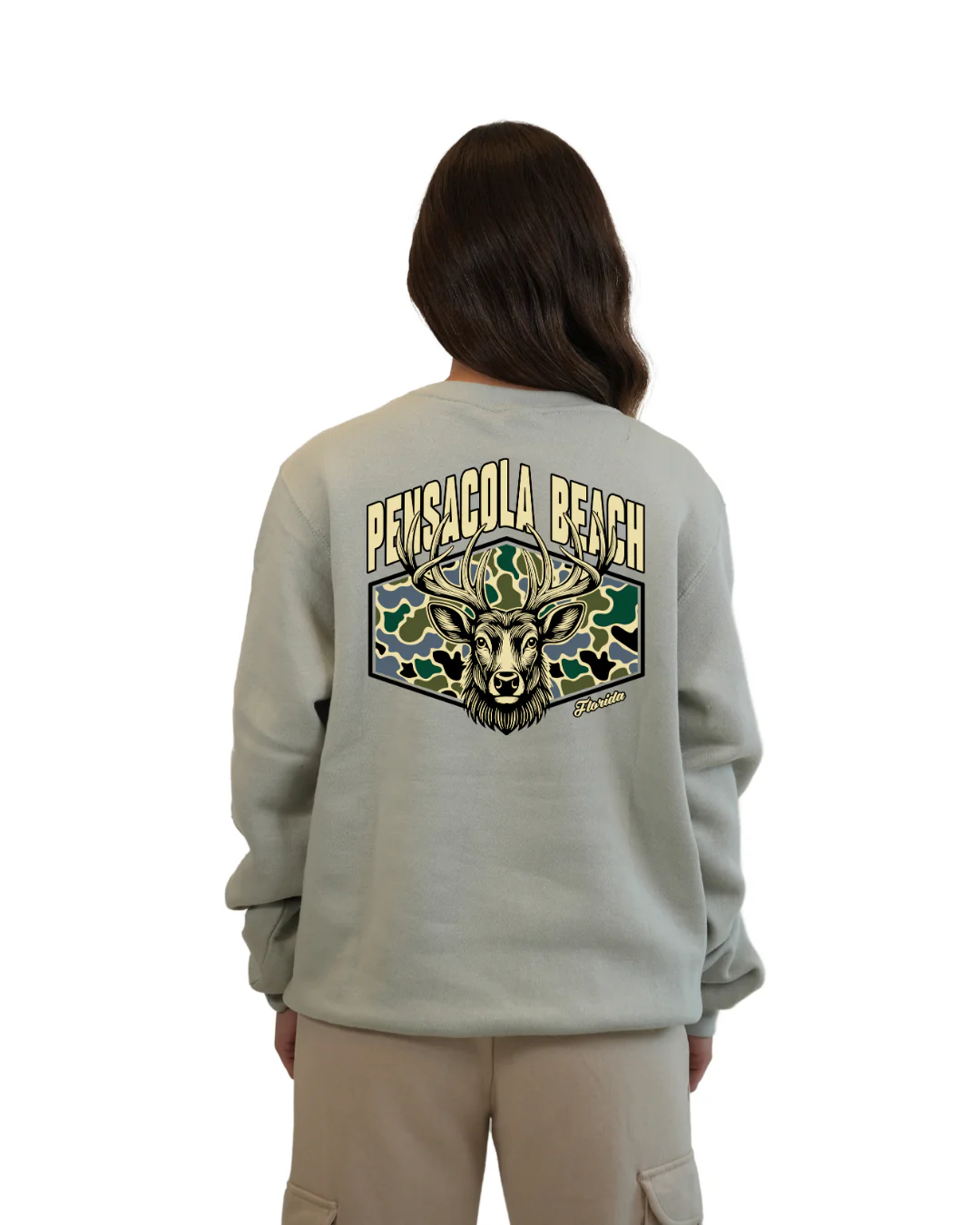 Pensacola Beach Deer Women Crewneck – Camouflage Edition - Image 10