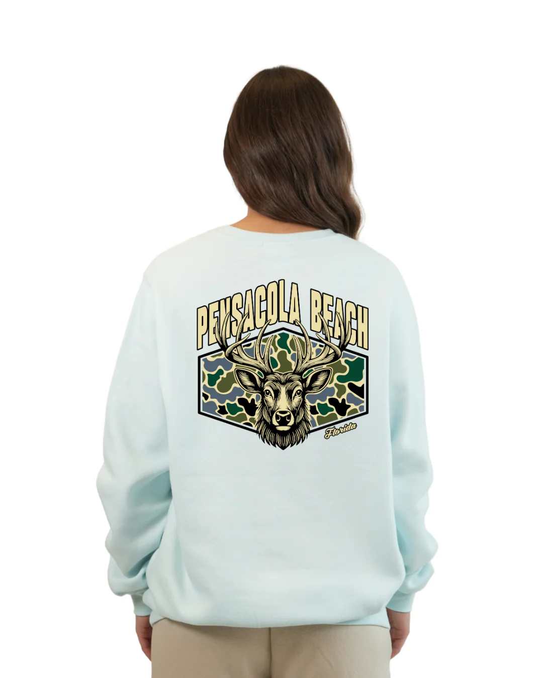 Pensacola Beach Deer Women Crewneck – Camouflage Edition - Image 11