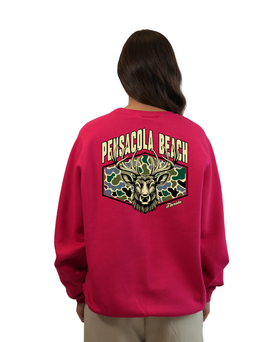 Pensacola Beach Deer Women Crewneck – Camouflage Edition - Image 12
