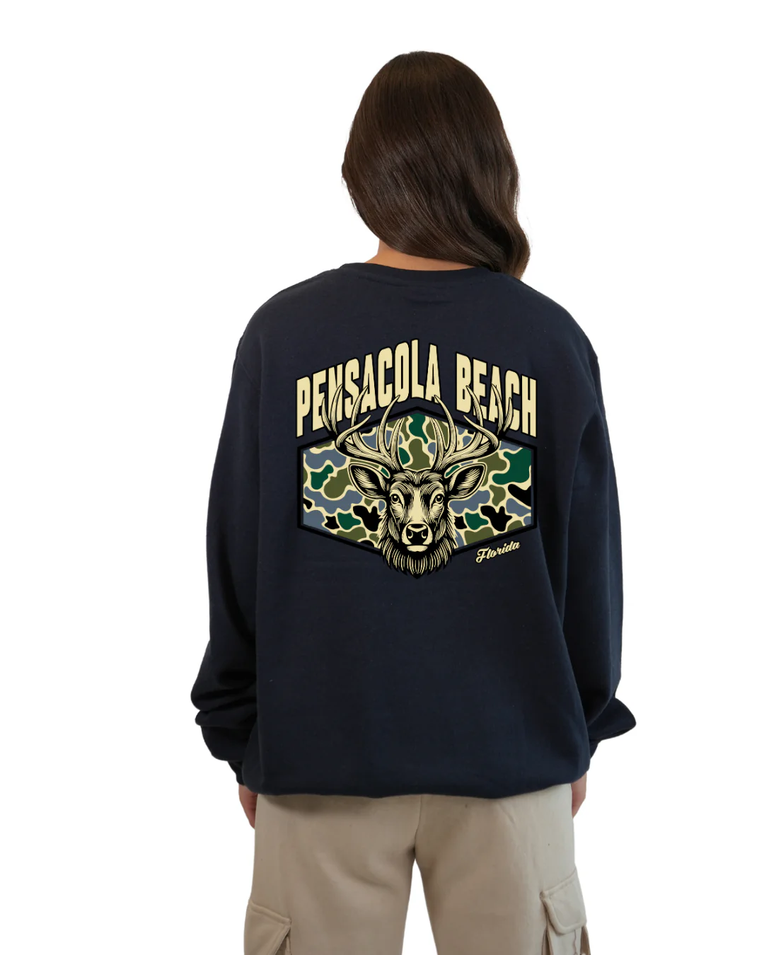 Pensacola Beach Deer Women Crewneck – Camouflage Edition - Image 2