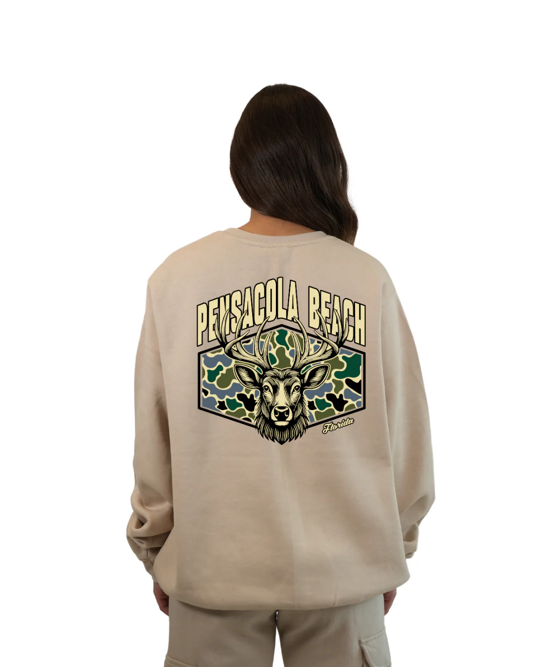 Pensacola Beach Deer Women Crewneck – Camouflage Edition - Image 8