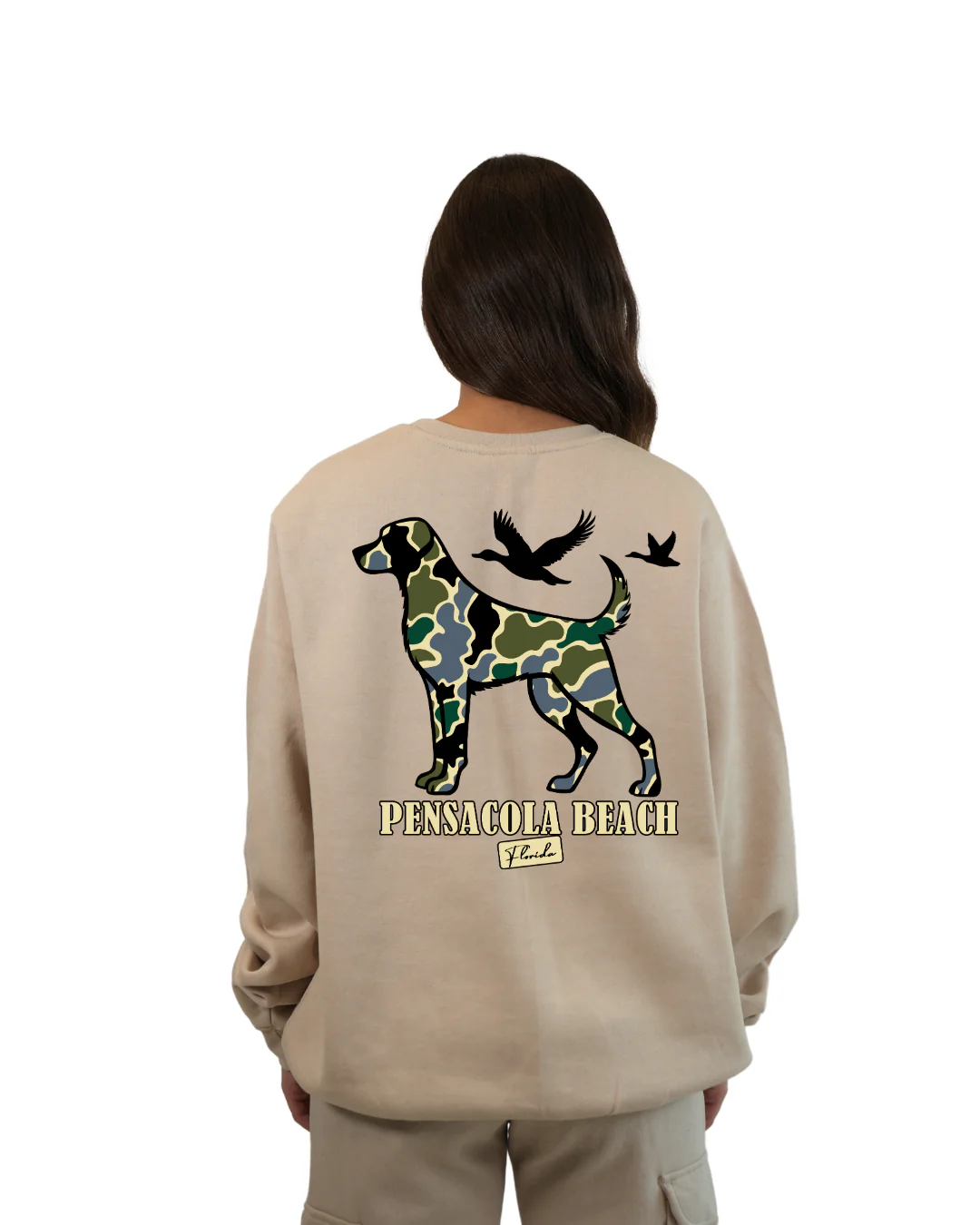 Pensacola Beach Dog Women Crewneck – Camouflage Edition - Image 2