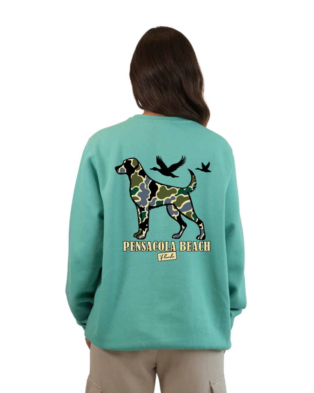 Pensacola Beach Dog Women Crewneck – Camouflage Edition - Image 3