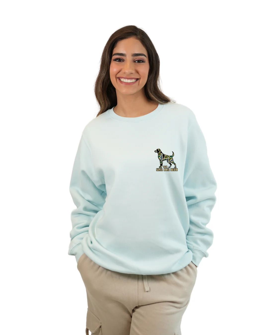 Santa Rosa Beach Dog Women Crewneck – Camouflage Edition - Image 4
