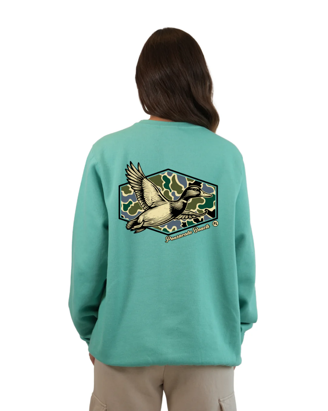 Pensacola Beach Duck Women Crewneck – Camouflage Edition - Image 2