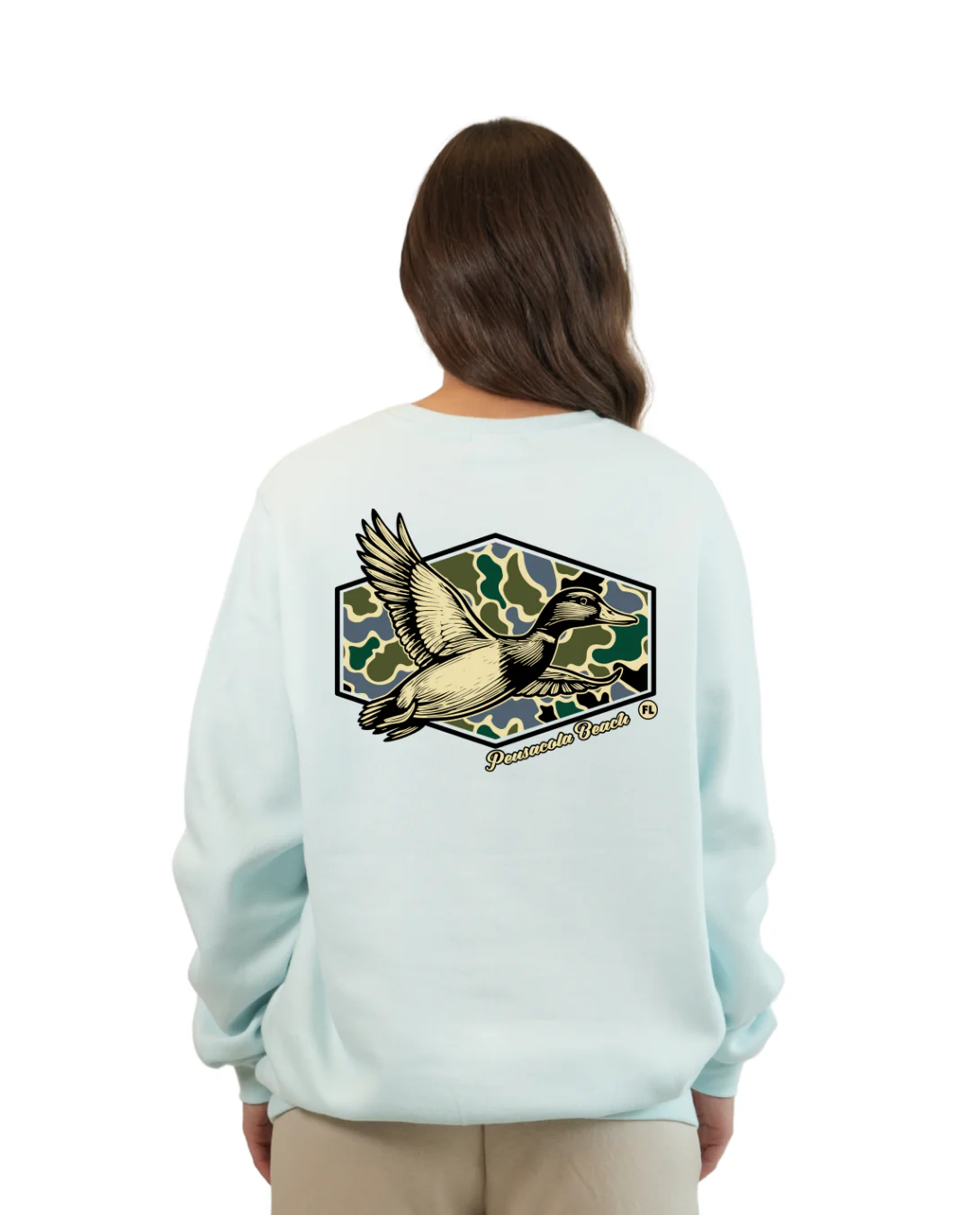 Pensacola Beach Duck Women Crewneck – Camouflage Edition - Image 4