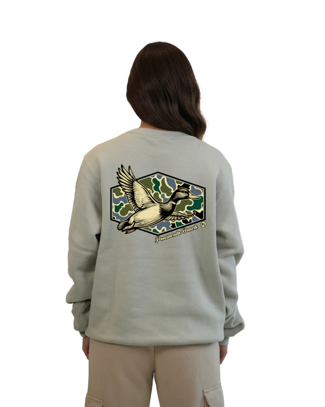Pensacola Beach Duck Women Crewneck – Camouflage Edition - Image 6
