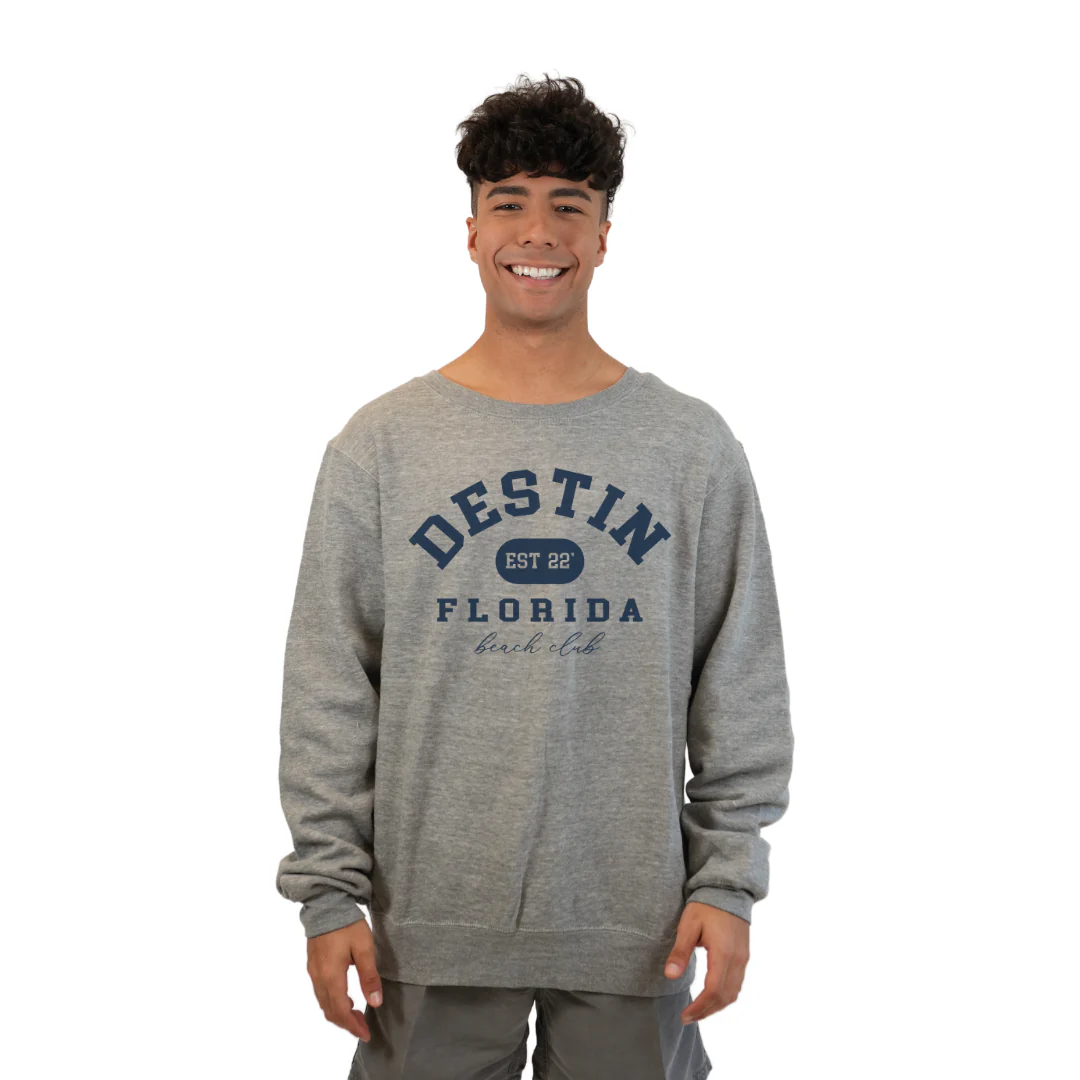 Destin Fl. Fleece Crewneck Sweatshirt Men with a Front Destin Est 22 Florida Beach Club Design Style 067 - Image 3