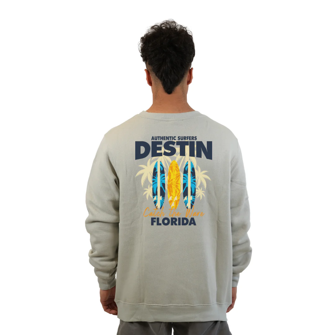 Destin Fl. Fleece Crewneck Sweatshirt Men with a Front Pocket Design and back big 3 Surf Boards Design Style 067 - Image 10