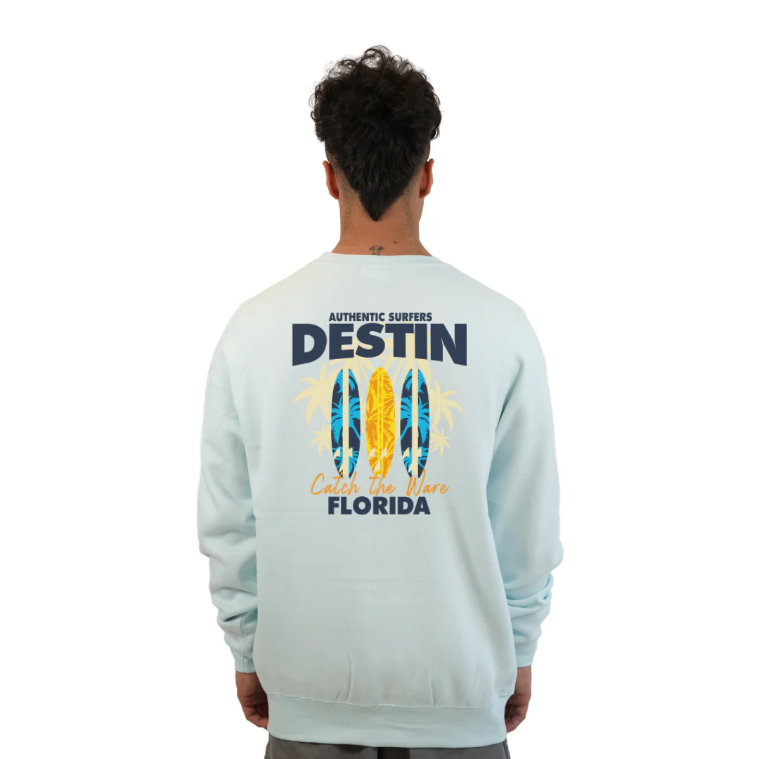 Destin Fl. Fleece Crewneck Sweatshirt Men with a Front Pocket Design and back big 3 Surf Boards Design Style 067 - Image 2