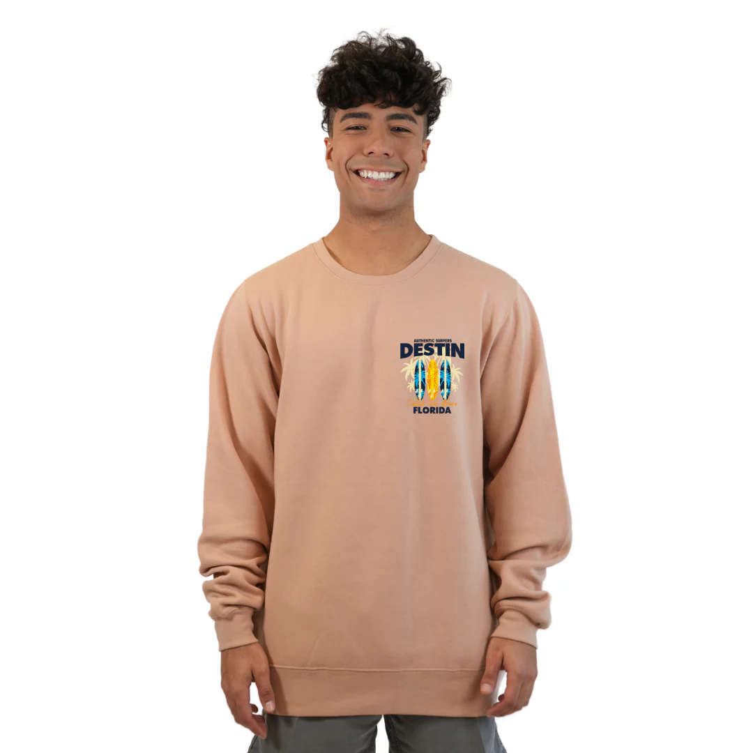 Destin Fl. Fleece Crewneck Sweatshirt Men with a Front Pocket Design and back big 3 Surf Boards Design Style 067 - Image 3