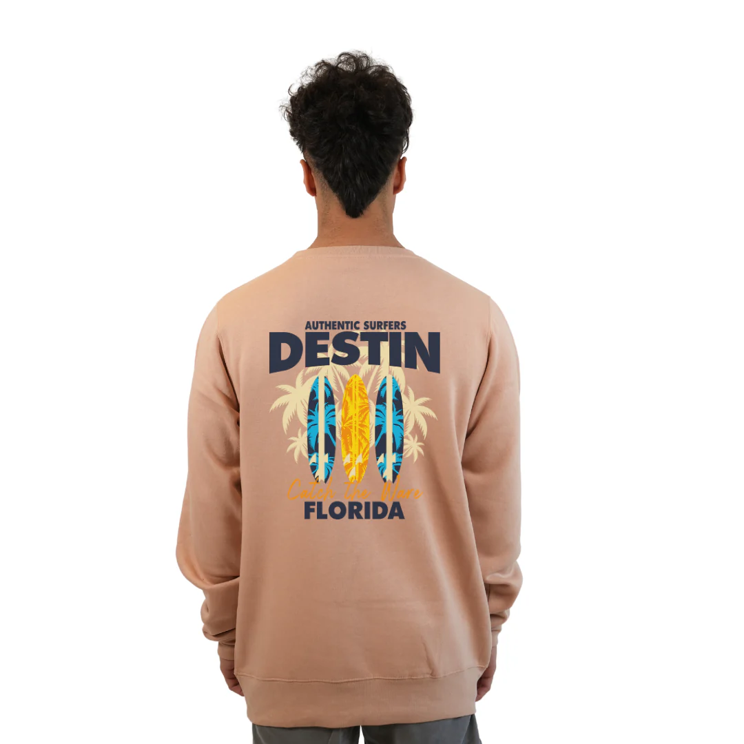 Destin Fl. Fleece Crewneck Sweatshirt Men with a Front Pocket Design and back big 3 Surf Boards Design Style 067 - Image 4