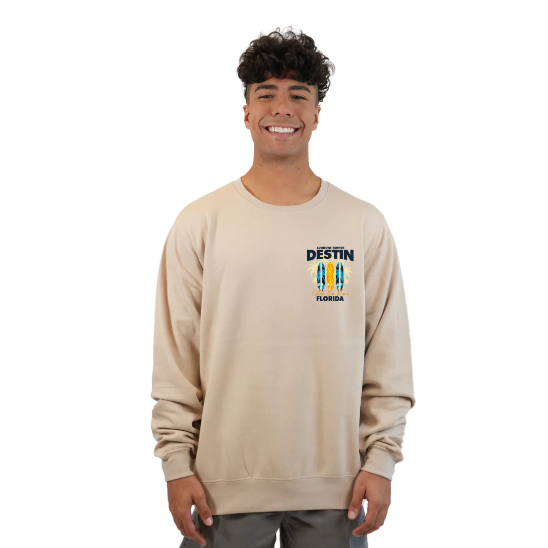Destin Fl. Fleece Crewneck Sweatshirt Men with a Front Pocket Design and back big 3 Surf Boards Design Style 067 - Image 5