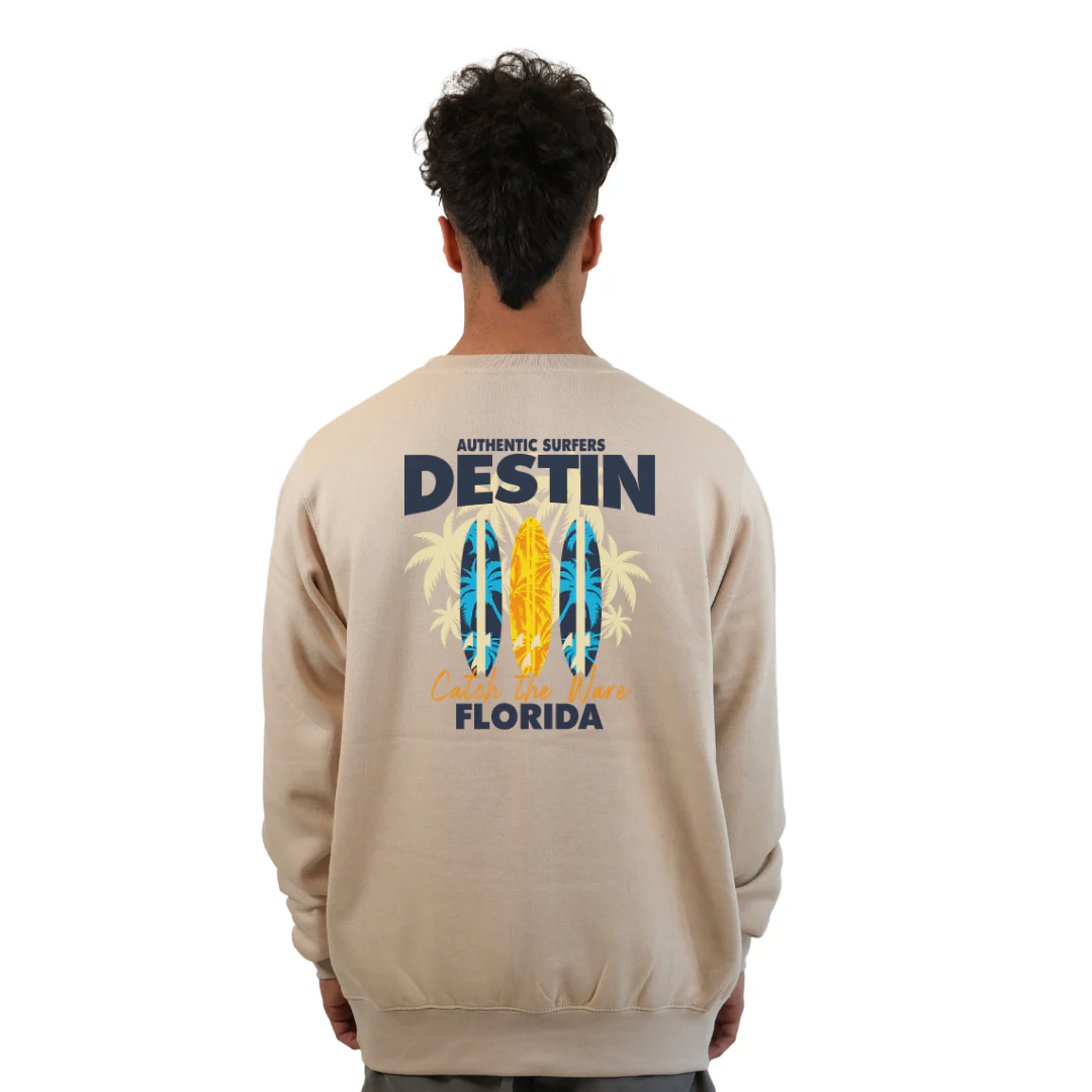 Destin Fl. Fleece Crewneck Sweatshirt Men with a Front Pocket Design and back big 3 Surf Boards Design Style 067 - Image 6
