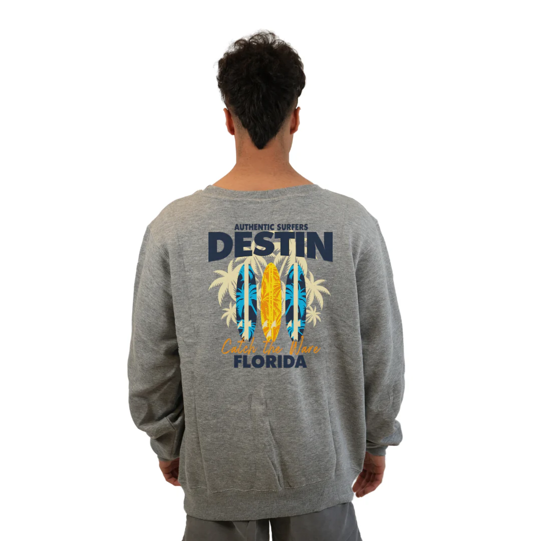 Destin Fl. Fleece Crewneck Sweatshirt Men with a Front Pocket Design and back big 3 Surf Boards Design Style 067 - Image 8