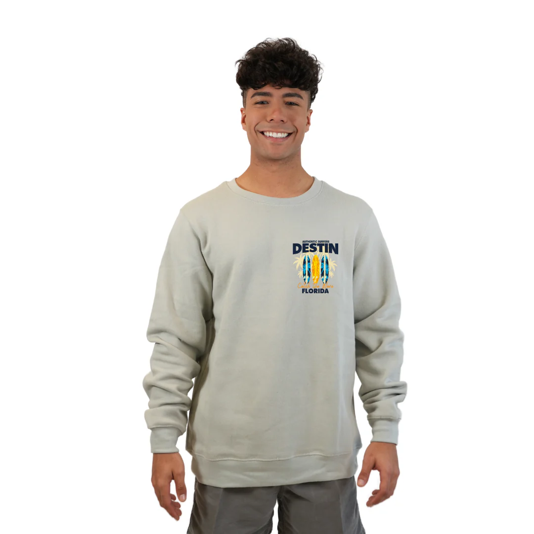 Destin Fl. Fleece Crewneck Sweatshirt Men with a Front Pocket Design and back big 3 Surf Boards Design Style 067 - Image 9