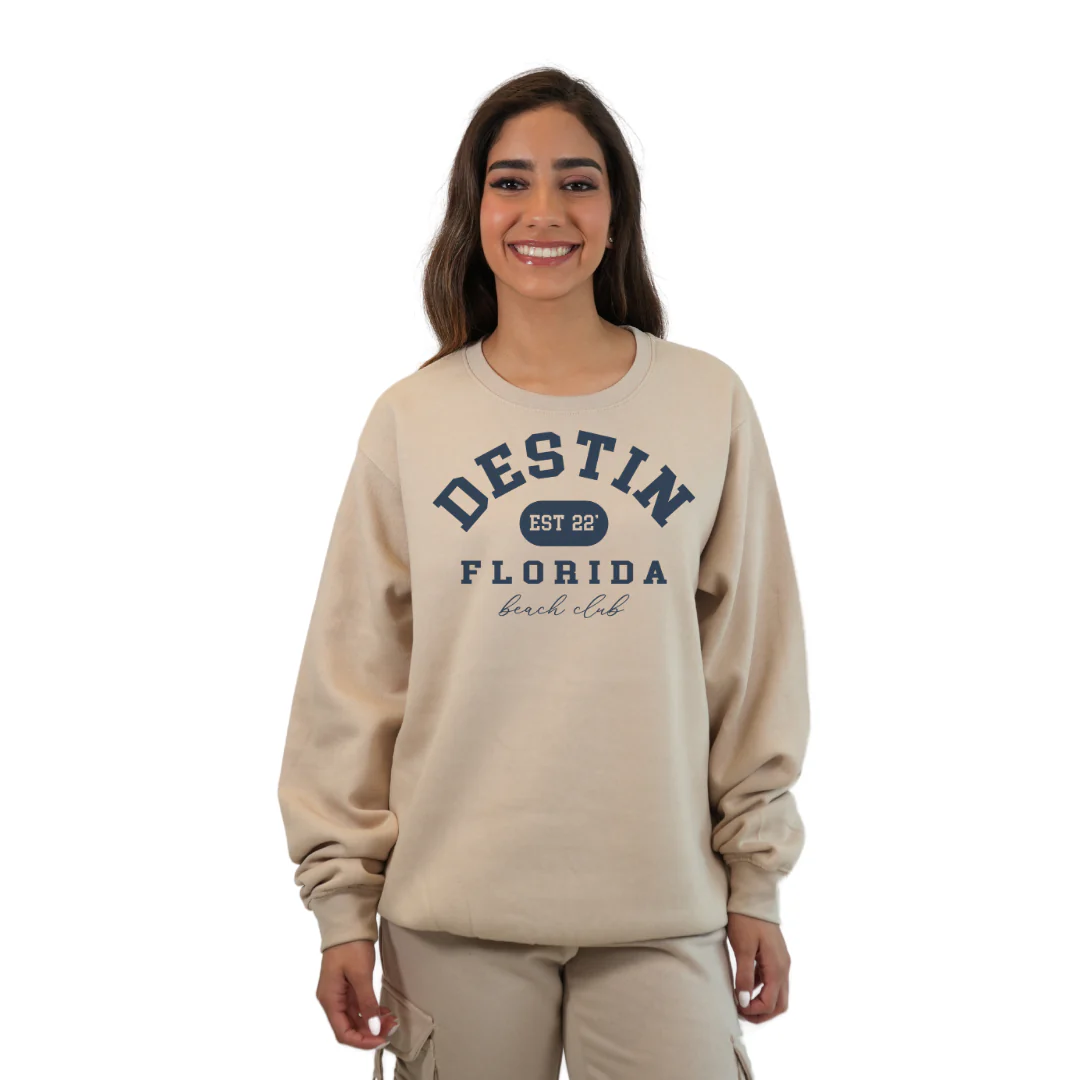 Destin Fl. Fleece Crewneck Sweatshirt Women with a Front Destin Est 22 Florida Beach Club Design Style 067 - Image 3