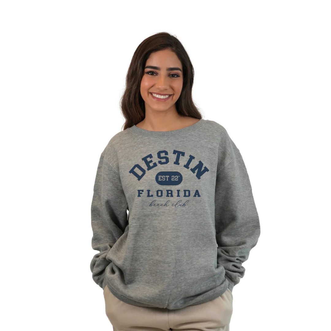 Destin Fl. Fleece Crewneck Sweatshirt Women with a Front Destin Est 22 Florida Beach Club Design Style 067 - Image 4