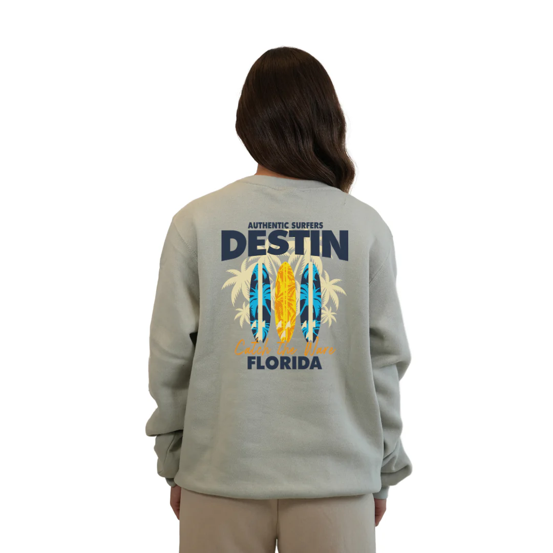 Destin Fl. Fleece Crewneck Sweatshirt Women with a Front Pocket Design and back big 3 Surf Boards Design Style 067 - Image 10