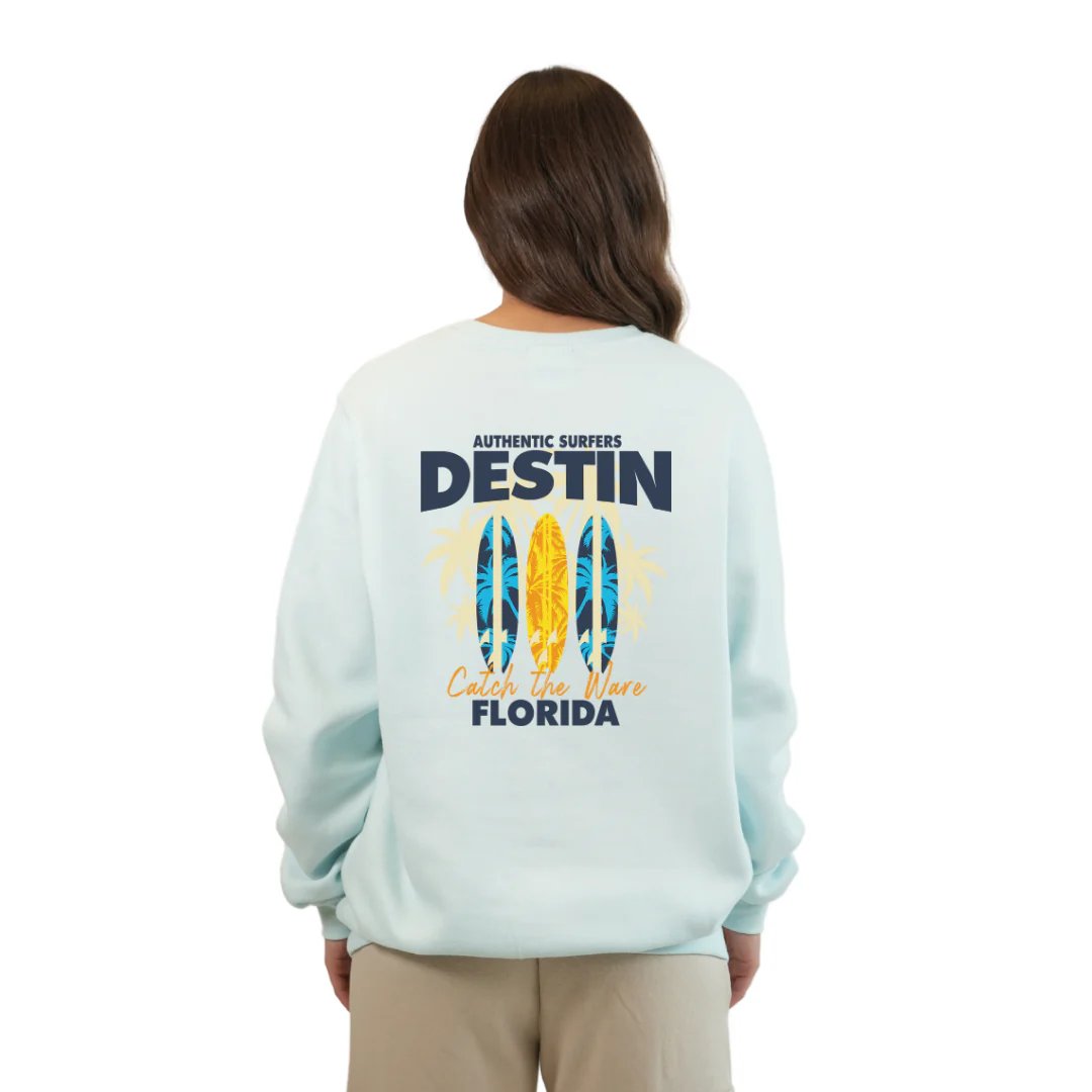 Destin Fl. Fleece Crewneck Sweatshirt Women with a Front Pocket Design and back big 3 Surf Boards Design Style 067 - Image 2