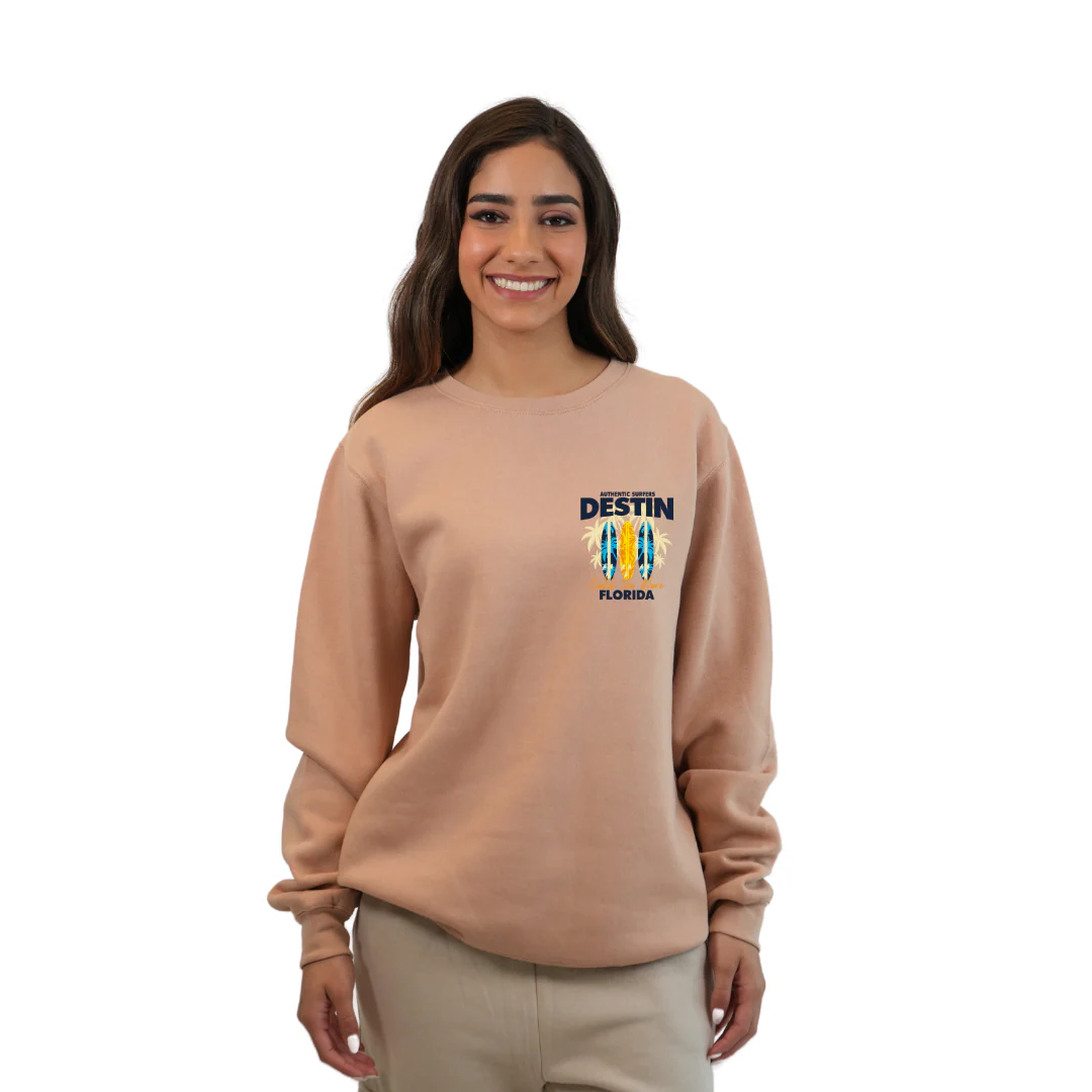 Destin Fl. Fleece Crewneck Sweatshirt Women with a Front Pocket Design and back big 3 Surf Boards Design Style 067 - Image 3