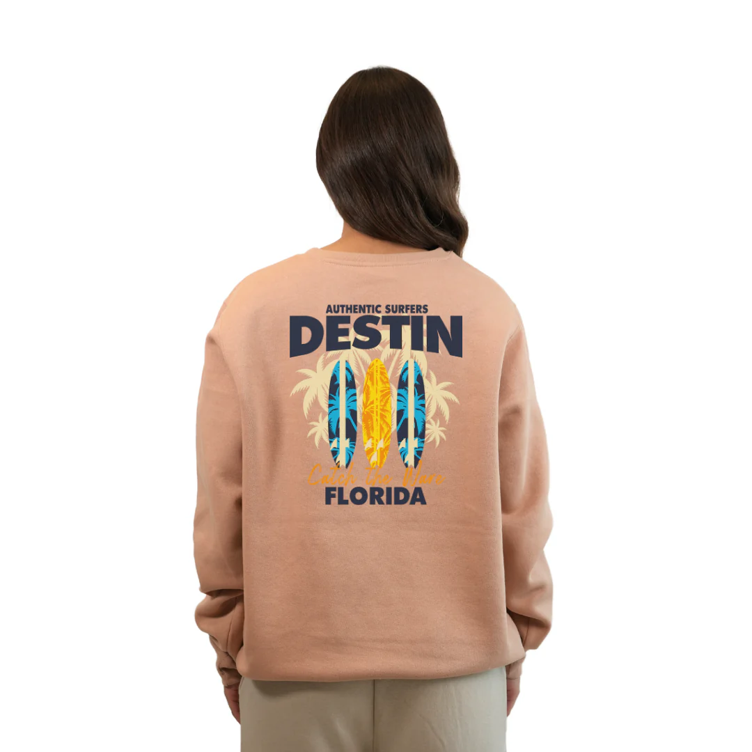 Destin Fl. Fleece Crewneck Sweatshirt Women with a Front Pocket Design and back big 3 Surf Boards Design Style 067 - Image 4