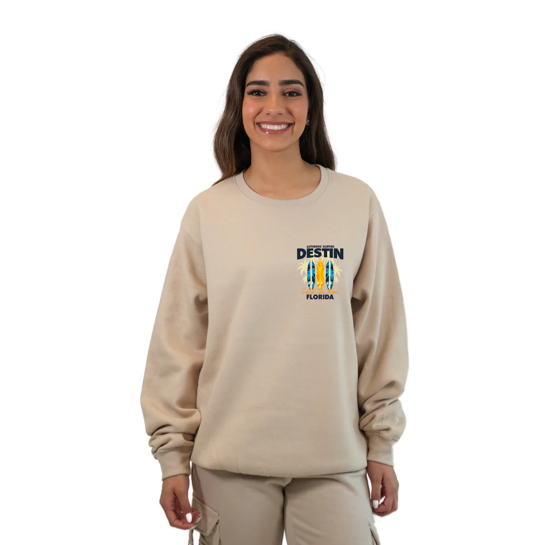 Destin Fl. Fleece Crewneck Sweatshirt Women with a Front Pocket Design and back big 3 Surf Boards Design Style 067 - Image 5