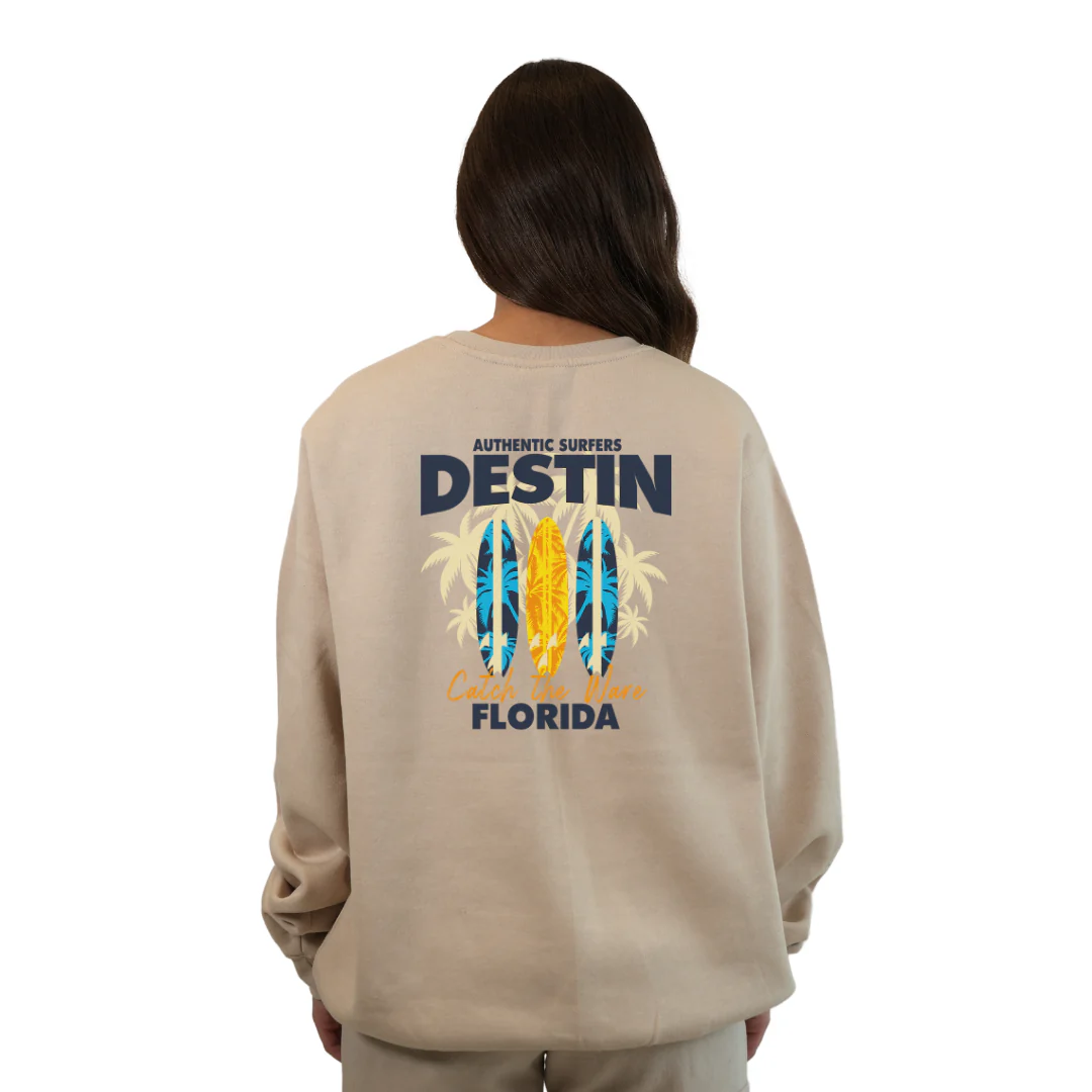 Destin Fl. Fleece Crewneck Sweatshirt Women with a Front Pocket Design and back big 3 Surf Boards Design Style 067 - Image 6