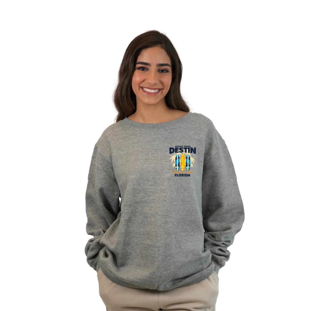 Destin Fl. Fleece Crewneck Sweatshirt Women with a Front Pocket Design and back big 3 Surf Boards Design Style 067 - Image 7