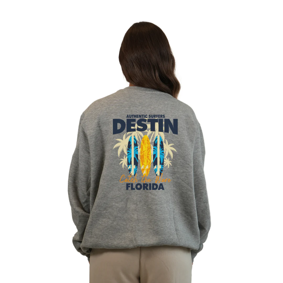 Destin Fl. Fleece Crewneck Sweatshirt Women with a Front Pocket Design and back big 3 Surf Boards Design Style 067 - Image 8