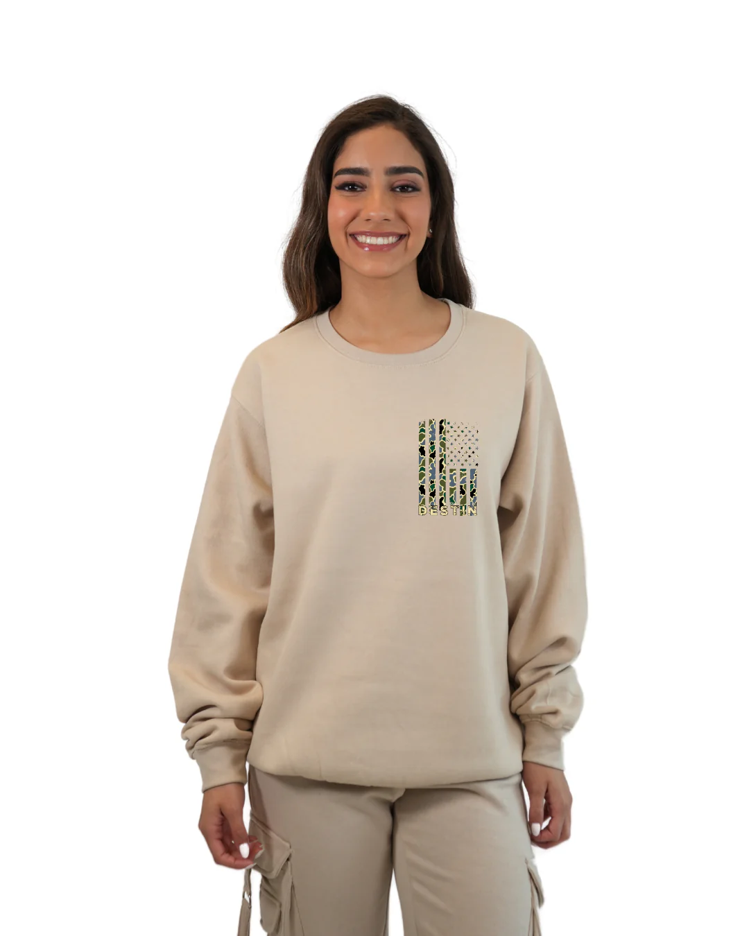Destin  American Flag Women  Crewneck – Camouflage Edition - Image 3