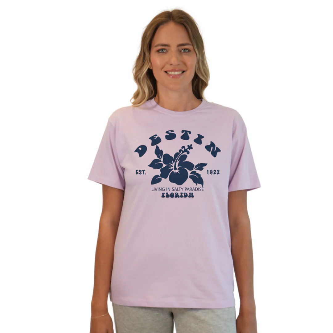 Destin Florida Combed Cotton Women T-Shirt with a Big Front Hibiscus Flower Design Style CC1000 - Image 10