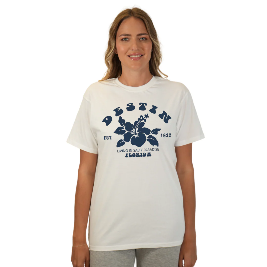Destin Florida Combed Cotton Women T-Shirt with a Big Front Hibiscus Flower Design Style CC1000 - Image 11