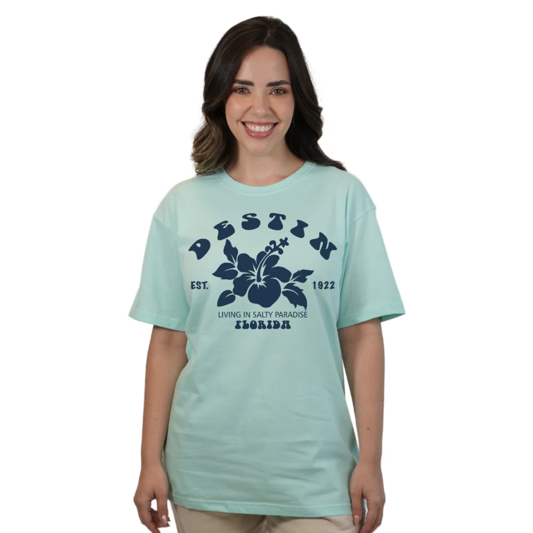 Destin Florida Combed Cotton Women T-Shirt with a Big Front Hibiscus Flower Design Style CC1000 - Image 2