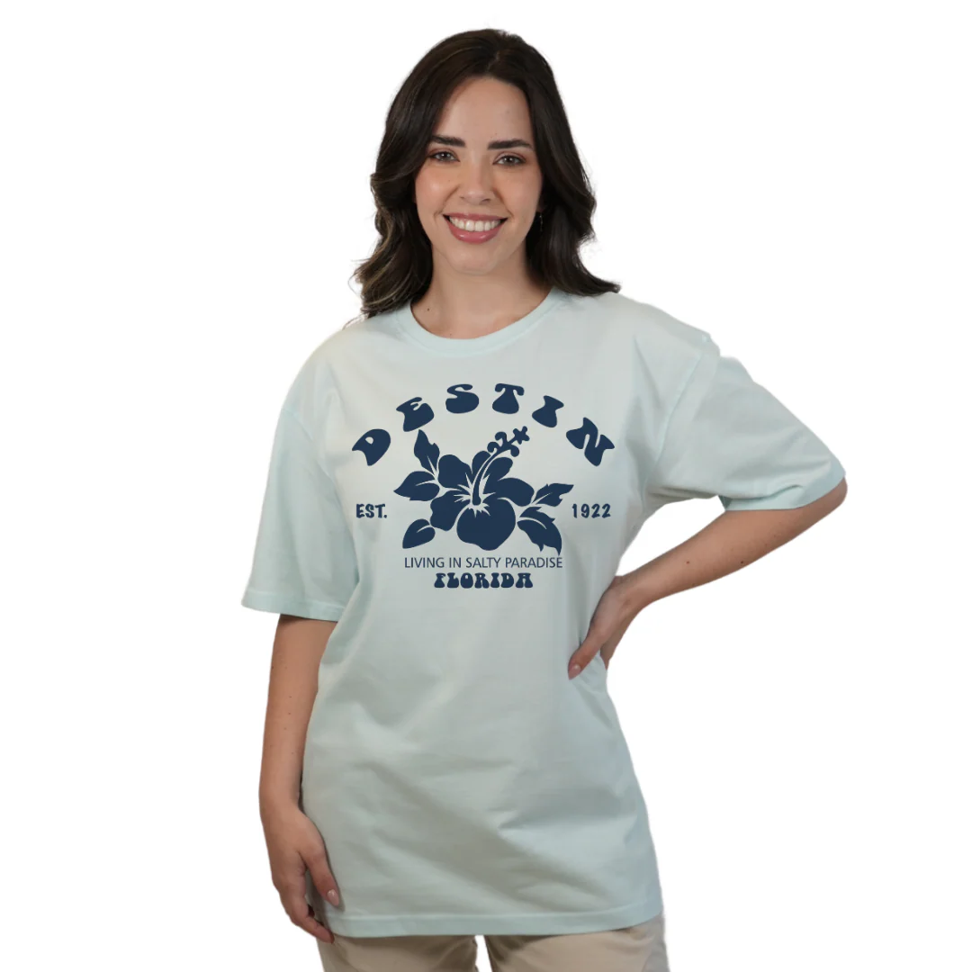 Destin Florida Combed Cotton Women T-Shirt with a Big Front Hibiscus Flower Design Style CC1000 - Image 3