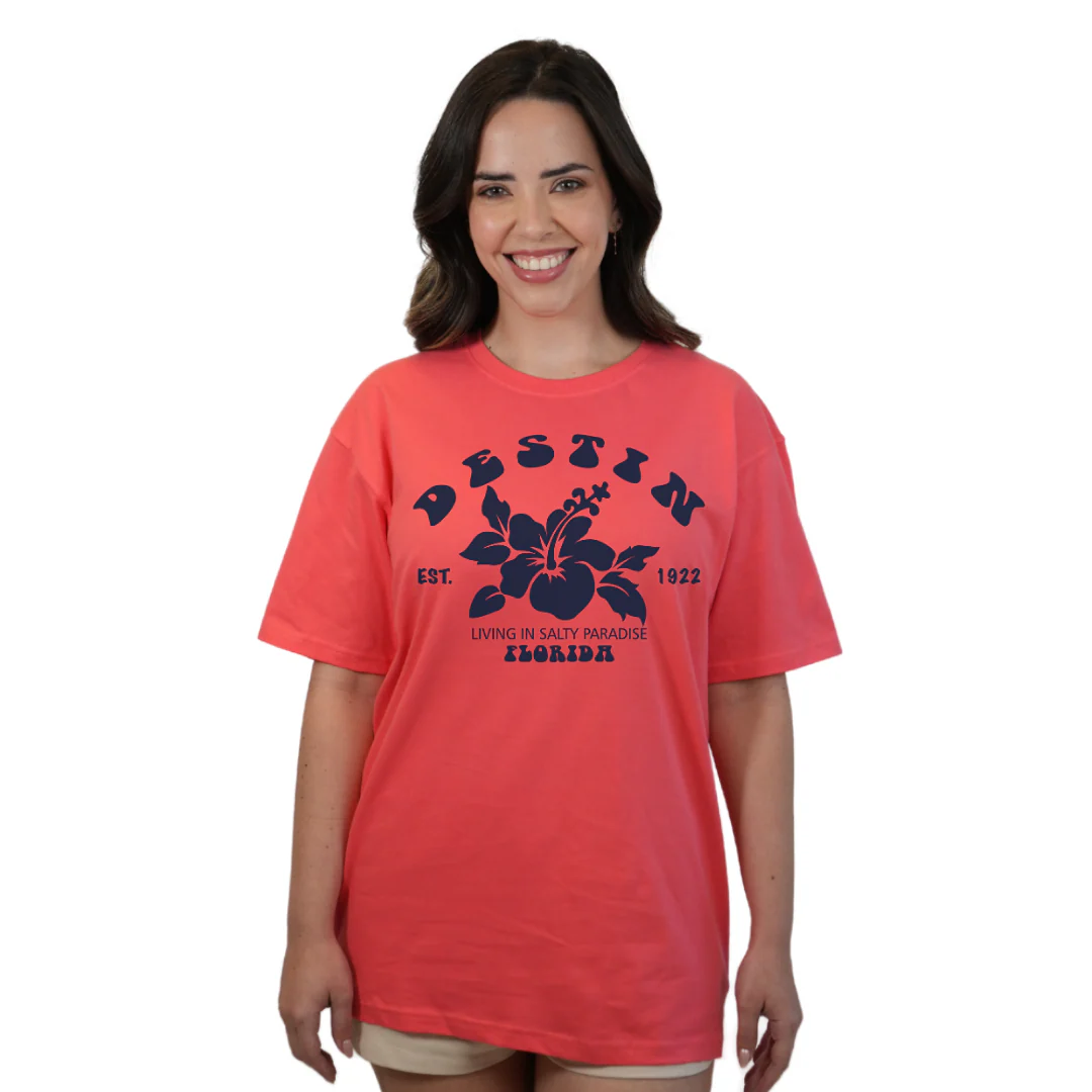 Destin Florida Combed Cotton Women T-Shirt with a Big Front Hibiscus Flower Design Style CC1000 - Image 6
